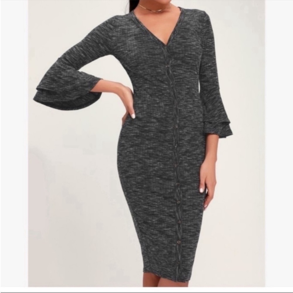 Lulu’s Jony Ribbed Button-Up Midi Sweater Dress Gray Space Dye